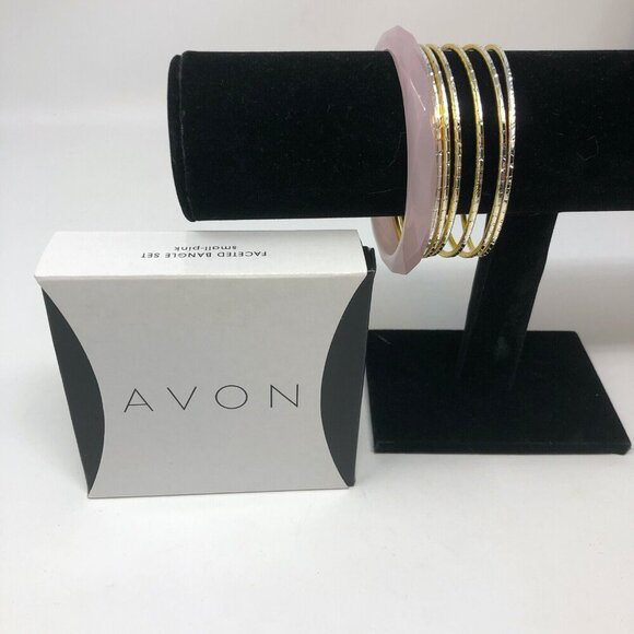 Avon Bangle Bracelet Set 6 Silver Gold Tone 1 Pink Faceted Size Small - Picture 3 of 3